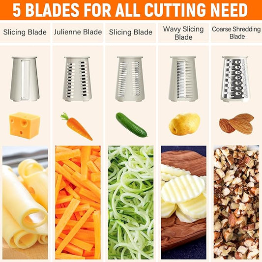 Rotary Cheese Grater Hand Crank with 5 Interchangeable Blades, Vegetable Slicer Chopper for Fruit Vegetable Nuts, Mandoline Slicer for Kitchen with Blades Rack & Suction Base, White