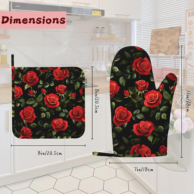 Vintage Red Rose Oven Mitts and Pot Holders (4PCS),Heat Resistant Non-Slip Silicone Kitchen Gloves for Cooking, Baking, BBQ Waterproof Kitchen Accessories