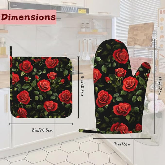 Vintage Red Rose Oven Mitts and Pot Holders (4PCS),Heat Resistant Non-Slip Silicone Kitchen Gloves for Cooking, Baking, BBQ Waterproof Kitchen Accessories