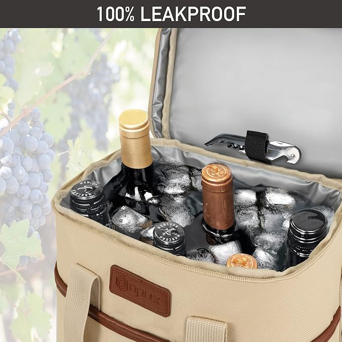 Opux 6 Bottle Carrier Tote | Insulated Padded Cooler Bag for Travel, Picnic, BYOB | Portable Leakproof Wine Tote for Dinner, Party, Christmas, Gift for Women, Men (Cream Beige)