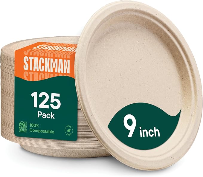 100% Compostable Paper Plates, Heavy Duty Disposable Plates [125-Pack] 9 Inch Plates - Eco-Friendly, Biodegradable Sugarcane Bagasse, Natural Unbleached Brown 9" Dinner Paper Plate Disposable | Eco-Friendly Biodegradable Sugarcane Bagasse Dinner Plates...