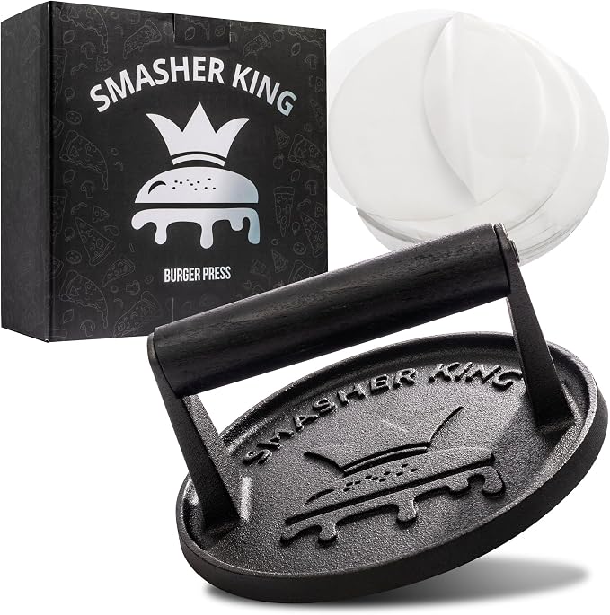 SMASHER KING™ - Premium Cast Iron Smash Burger Press incl. 25 pcs of Pat | ty Paper, Burger Smasher for Griddle with Black Wood Handle, Perfect Hamburger Press