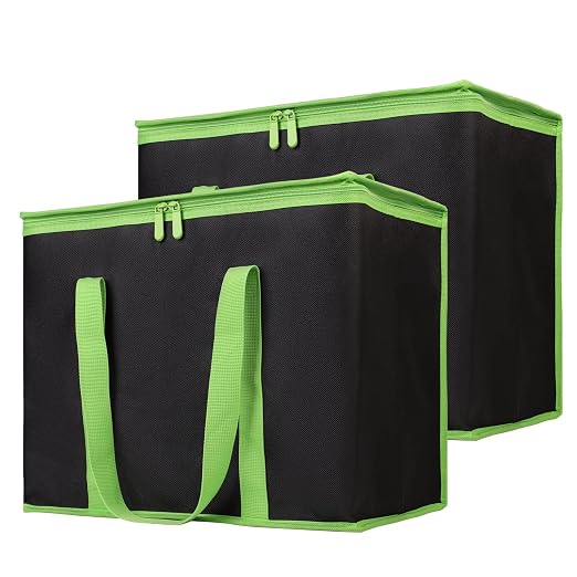 Bodaon 2-Pack Insulated Reusable Grocery Shopping Bags, X-Large Black-Green | Cooler Bag Top Cold/Warmer, Heavy Duty Insulated Pizza/Food Delivery Bag, For Commercial Catering Rideshare Driver, Picnic