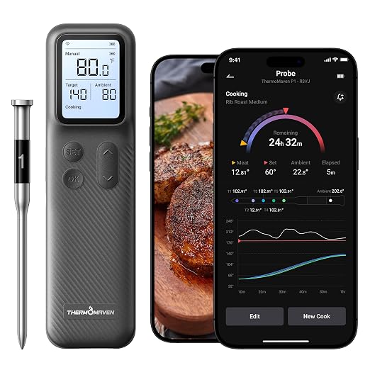 ThermoMaven Smart Bluetooth Wireless Meat Thermometer with WiFi App | Standalone Base, Ultra-Thin Probe, NIST ±0.5°F Accuracy, Real-Time Alerts, BBQ Grill Oven Kitchen, Steak Chicken Turkey Pork