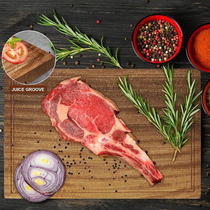 Wooden Cutting Boards For Kitchen Real Solid Sapele Wood Chopping Board One Piece Thick Hard No Glue Non Toxic With Juice Groove And Stand All Whole Single Wood Butcher Block (18 * 12 * 1.2Inch)