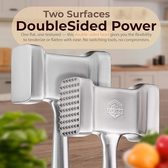 Stainless Steel Meat Mallet Hammer Tenderizer, Textured Grip Meat Mallet Tenderizer, 1.1lb Single-Piece Chicken Pounder, Large Surface Meat tenderizer Tool, 5-Year Warranty, Ablandador de carne