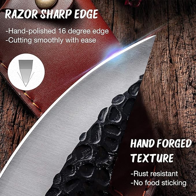 Huusk Hand Forged Viking Knife with Sheath for Kitchen Camping BBQ | Japanese Butcher Knife for Meat Cutting, High Carbon Steel Chef Knives with Ergonomic Wood Handle, Gifts for Men