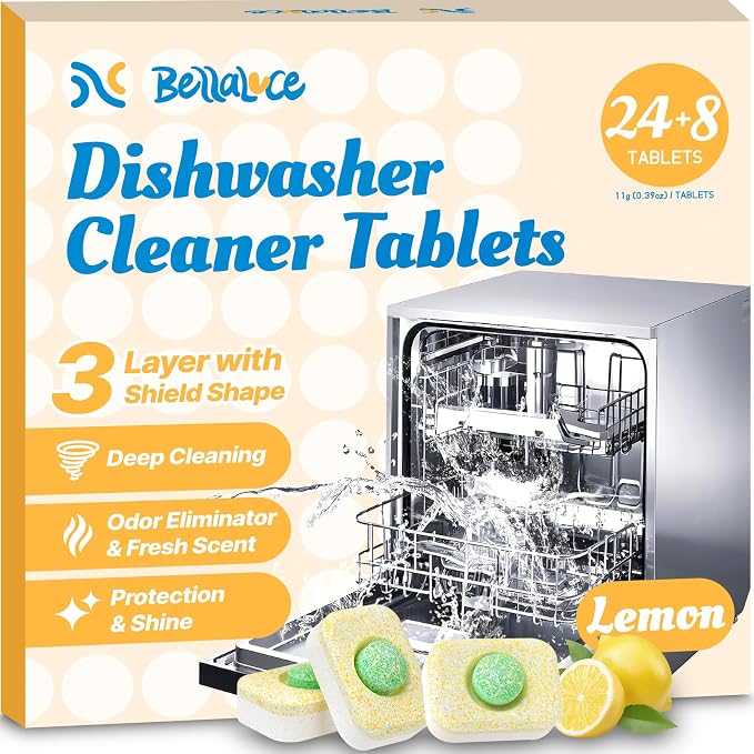 BellaLuce Dishwasher Cleaner Tablets - Lemon Scent, 32 Pack | Deep Cleaning Descaler & Deodorizer Tablets, Helps Remove Limescale, Buildup & Odor, Septic Safe