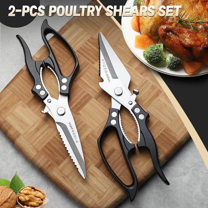 Freelander Poultry Shears Set Black - All Purpose Heavy Duty Kitchen Shears | Japanese Kitchen Scissors for Food, Chicken, Meat, Fish, Vegetables, Ergonomic Non-Slip Handle, Gifts for Women Men