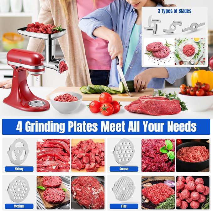 Metal Food Grinder Attachments for KitchenAid Stand Mixers | Meat Grinder, Sausage Stuffer, 15pcs Meat Grinder Accessories Set, Silver