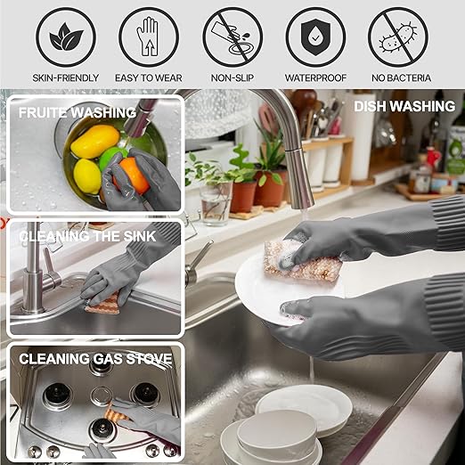 DABOGOSA Reusable Waterproof Household Dishwashing Cleaning Rubber Gloves, Non-Slip Kitchen Glove (Grey, Medium (Pack of 3))