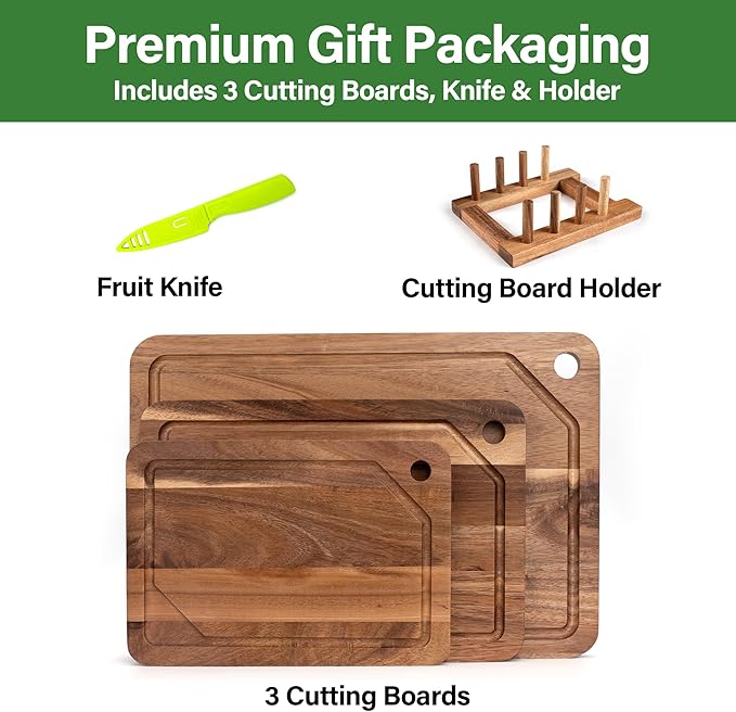 Wood Cutting Board Set, 3-Piece Cutting Board with Stand & Hanging Hole | Chopping Board with Juice Groove & Handles, Serving Board, Ideal for Meat, Vegetables and Cheese