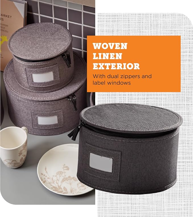 storageLAB 4-Piece Quilted China Plate Storage Set | Felt Dividers | Gray | 4-piece quilted plate set - dinner, salad, dessert & saucer cases, 12 plates each. Felt dividers, dual zippers.
