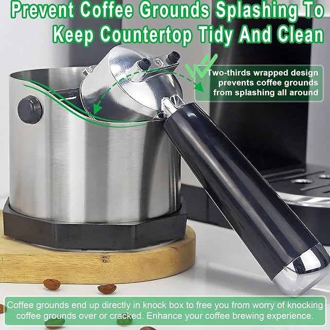 Stainless Steel Espresso Knock Box, Easy & Mess-Free Disposal of Coffee & Espresso Grounds, Coffee Knock Box with Removable Knock Bar & Non-Slip Base, Dishwasher Safe Espresso Puck Knock Box for Home