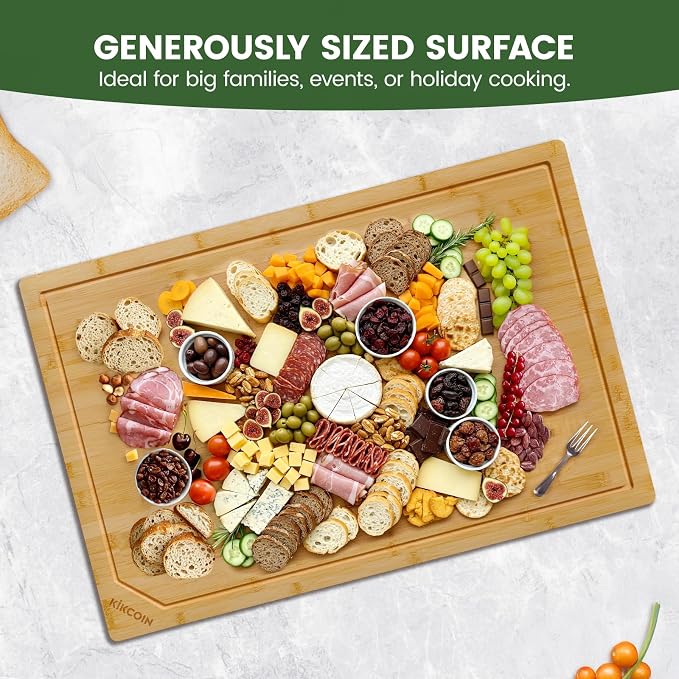 Kikcoin 30”×20” Bamboo Cutting Boards for Kitchen, Heavy Duty Wooden Cutting Boards, Healthy Extra Large Chopping Boards with Deep Juice Groove and Handle, Oversized Stove Top Cover, Natural