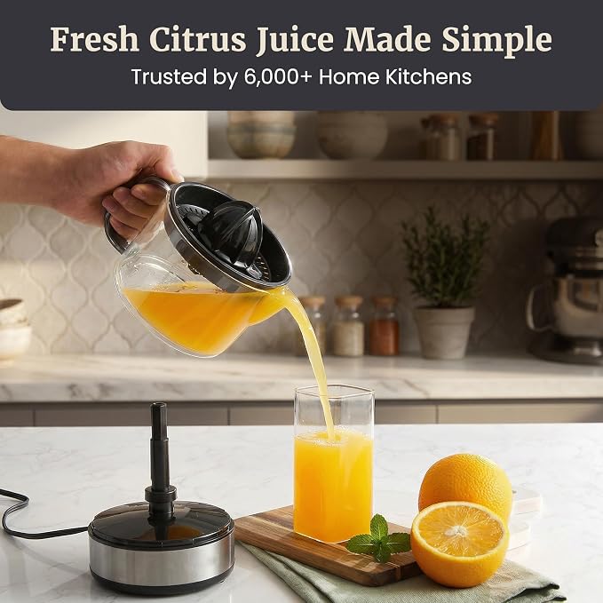 Elite Gourmet ETS623 Electric Citrus Juicer, 24 oz, Black/Stainless Steel | BPA-Free 40-Watt motor, compact large-volume pulp control - juices oranges, lemons, limes & grapefruits, easy-pour spout
