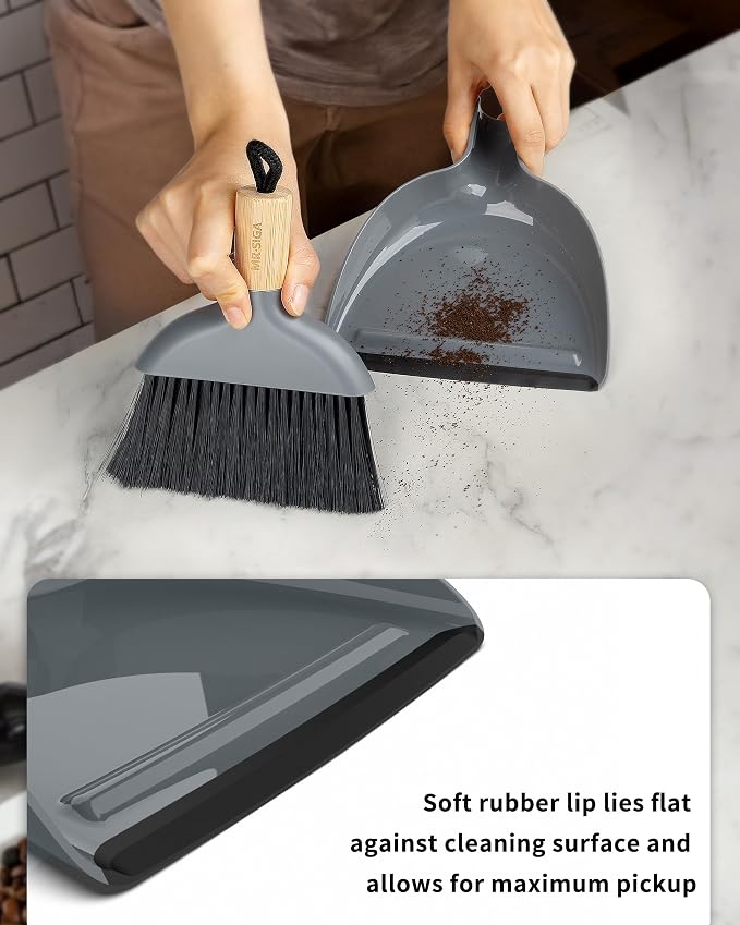 MR.SIGA Mini Dustpan and Brush Set, Bamboo Handle, Gray, 1 Set | Portable cleaning brush and dustpan combo, handheld brush and dustpan combo with hanging loop