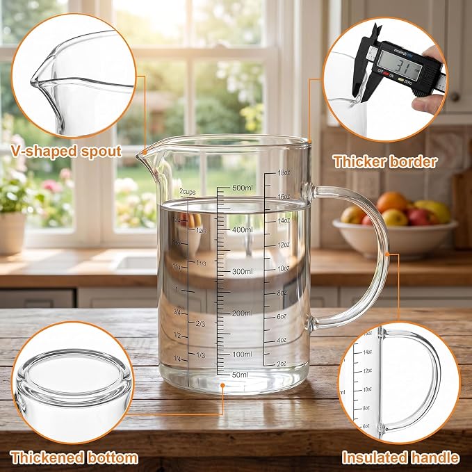 Graduated Glass Measuring Cup With Handle 500ML (16Oz, 2Cups) | High Borosilicate Liquid Measuring Cup for Baking Cooking Kitchen V-Shaped Spout Glass Measuring Beaker Easy To Read