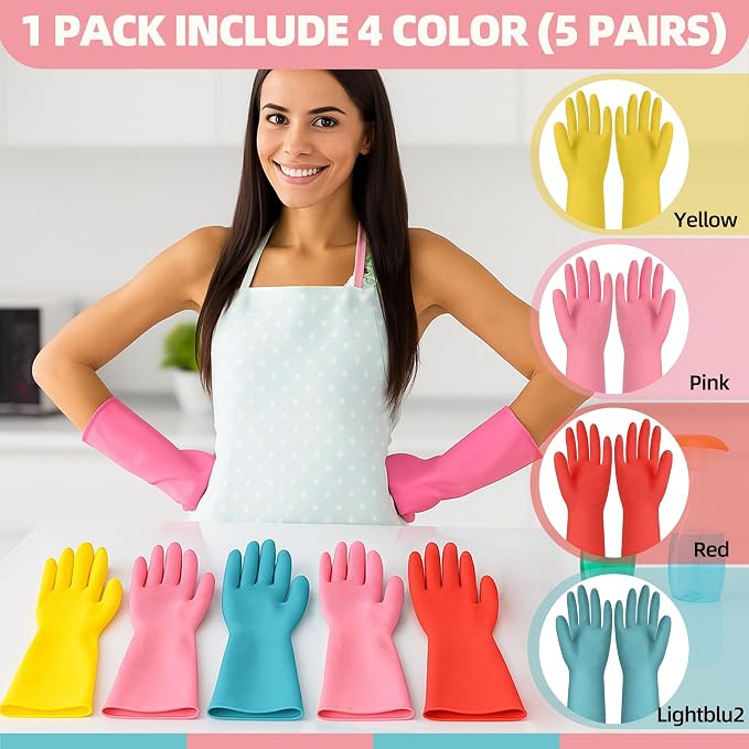 Xgunion Rubber Cleaning Gloves for Dishwashing-5 Pairs Colorful Reusable Household Cleaning Glove for Washing Dishes and Kitchen Cleaning Non-Slip Grip Dish Gloves for Women Men (Large)