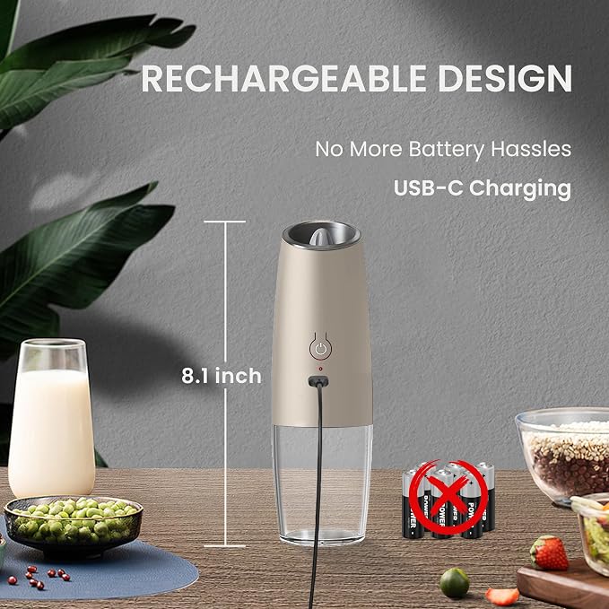 Rechargeable Salt And Pepper Grinder Set with LED Light, Automatic Electric Gravity Salt And Pepper Shakers Set, No Battery Needed, Adjustable Roughness, 2 Pack (Khaki)