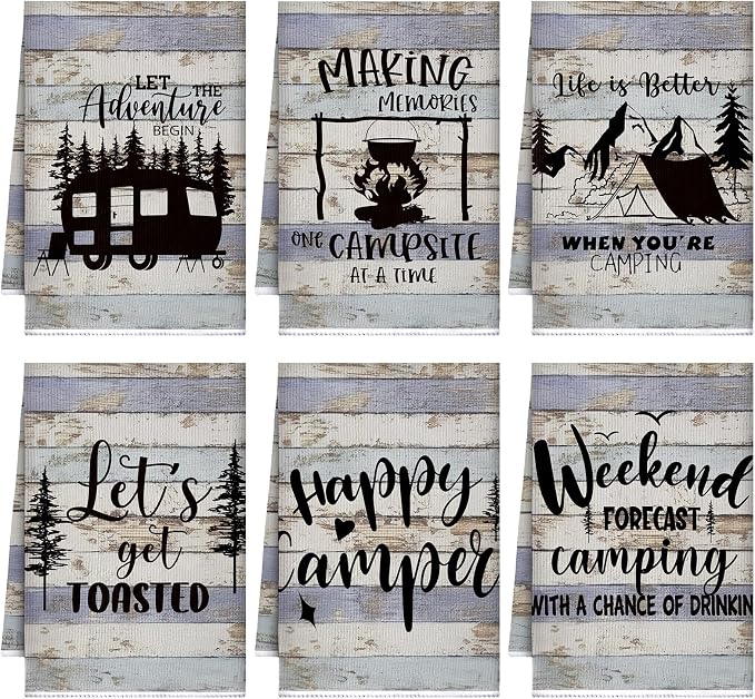 Boyiee Set of 6 Camping Kitchen Towels Happy Camper Tea Towels | Absorbent Farmhouse Dish Towels with Funny Sayings 24 x 16 Inches Camping Hand Towels for Rv Campers Lovers Gifts Accessories