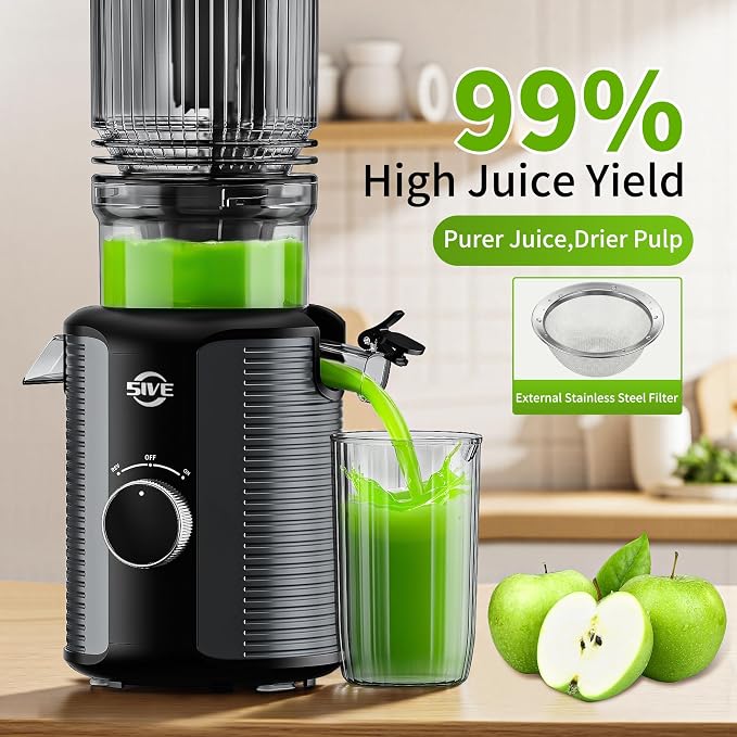 5ive Cold Press Juicer, 5.1" Juicer Press with 41oz Capacity for Fruits Veg | 300W Juicer Machines 99% Yield Juice Press Juice Maker with Recipe