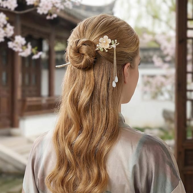 8 Pcs Flowers Metal Hair Sticks with Pendants Chinese Hanfu Asian Hair Chopsticks Hair Bun Updo Holders for Women Accessories Long Hair