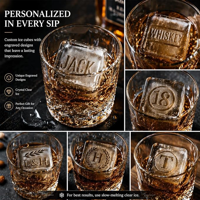Personalized Ice Cube Mold, Custom Text Silicone Ice Tray 2” Cubes, Add Names Initials Dates or Short Words, Reusable Square Whiskey Ice Mold for Bourbon Cocktails Gifts for Men Dad Husband
