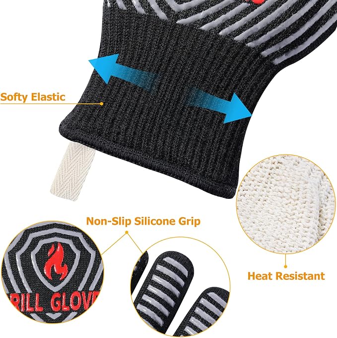 QUWIN BBQ Gloves, 1472°F Heat Resistant Grilling Gloves Silicone Non-Slip Oven Mitts, Kitchen Gloves for BBQ, Grilling, Cooking, Baking(One Size Fits Most, Black)- 1 Pair