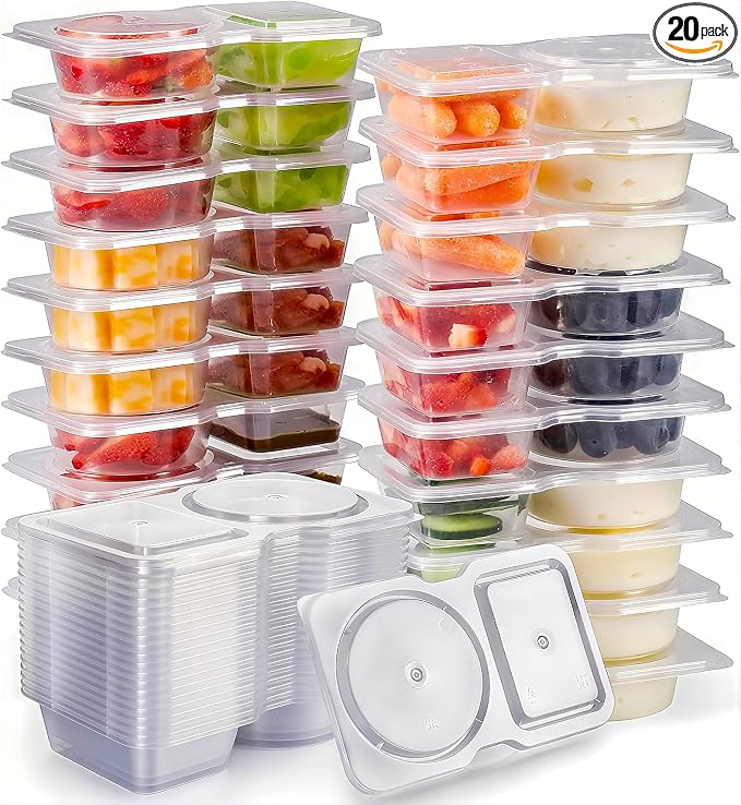 Reusable Snack Containers with Lids: Snack Pack Containers 20Pcs - Snackle Box Container Portion Control - Meal Prep Containers - Double Compartment Snack Containers for Travel - Camping Essentials