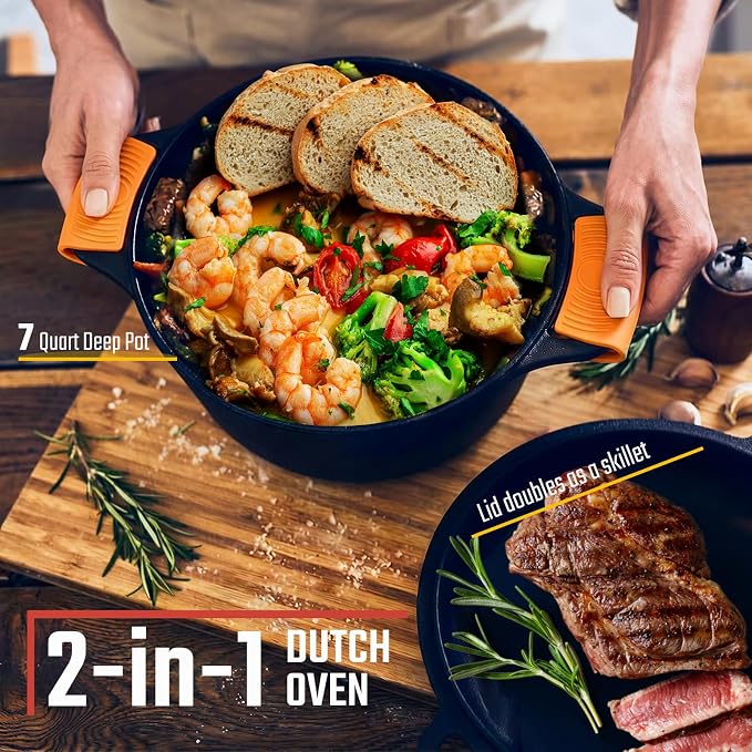 Overmont 7QT Double Dutch Oven - 2-in-1 Pre-Seasoned Cast Iron Pot & Recipe | Skillet Lid Doubles as Frying Pan, Heavy Duty Cast Iron Pot with Handle Covers, for Sourdough Baking Frying Outdoor Camping