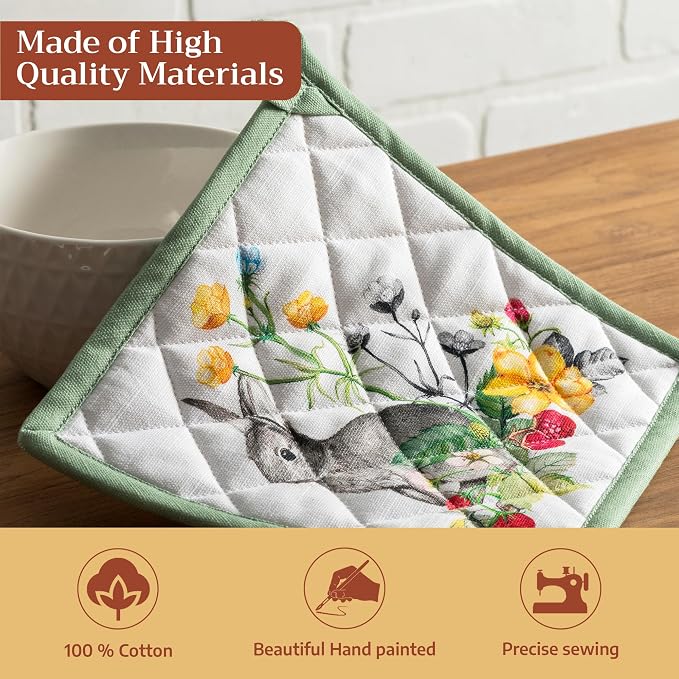 Maison d' Hermine Pot Holders 100% Cotton Potholders (8" x 8", Pack of 2) | Heat Resistant Hot Pads with Loop BBQ Cooking Baking Farmhouse Kitchen Handling Hot Pans Spring Summer - Printemps