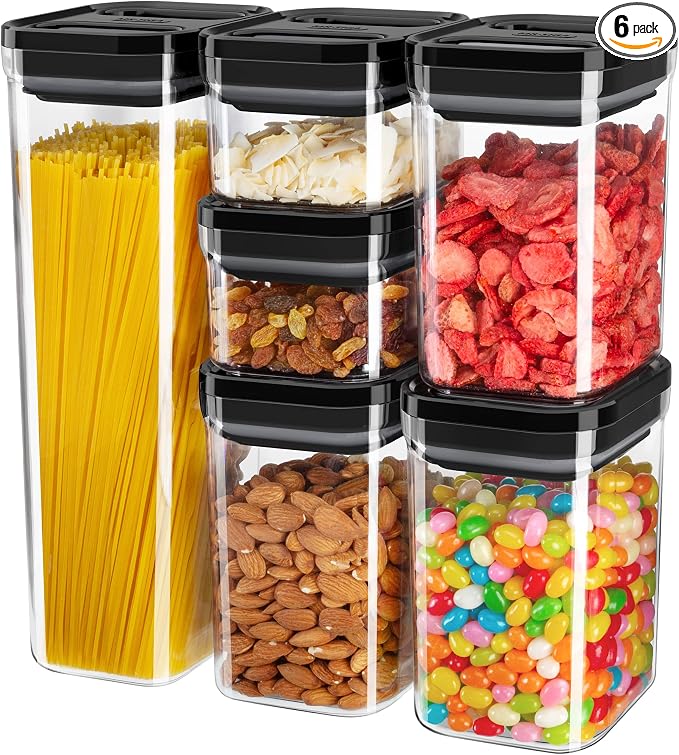 MR.SIGA 6 Piece Airtight Food Storage Container Set for Pantry Organization | BPA Free, stackable, one-handed kitchen storage containers for cereals, spaghetti, pasta, black