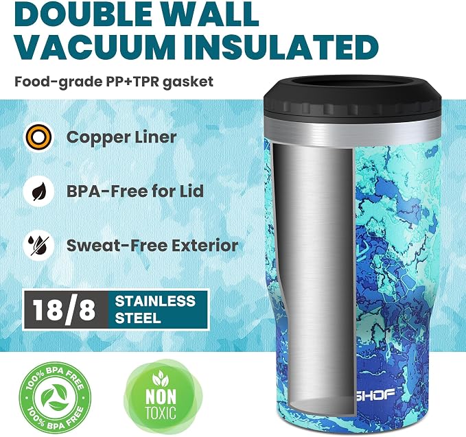 HAUSHOF 4-in-1 Insulated Can Cooler Fits 12oz Cans & Beer Bottle, Camo Blue | Double-Wall Vacuum Insulated, 18/8 Stainless Steel, BPA-Free Lid, Slim Can Cooler for Camping, Beach & Picnic