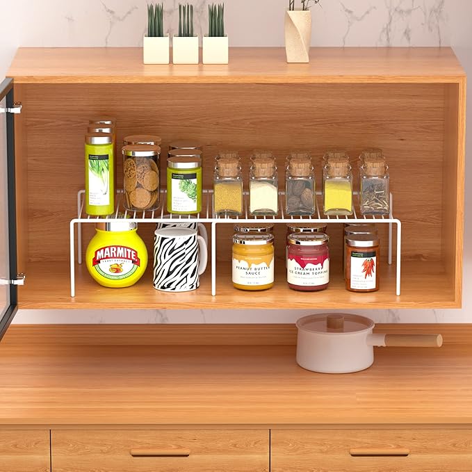 Kitchen Cabinet Expandable Shelf Organizers Set of 4, Adjustable Metal Wire Pantry Storage Shelves, Plate Dish Organizer Rack for Cabinets, Cupboard, Counter, Freezer, Countertop, White