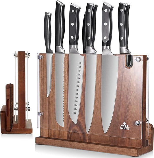 ENOKING Magnetic Knife Block 12.2 x 9.3", Double Sided Magnetic Knife Holde with Knife Sharpener, Acacia Wood Magnetic Knife Stand with Acrylic Shield for Kitchen Countertop