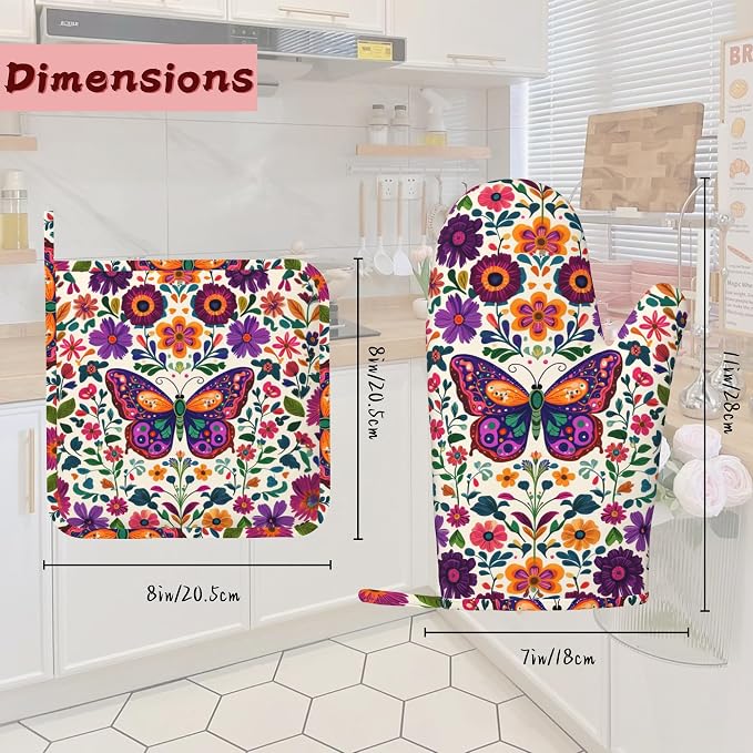 Butterfly Flowers Heat-Resistant Silicone Oven Mitts and Pot Holder 4 Piece Set,Vintage Non-Slip Kitchen Oven Gloves for Baking, BBQ, Cooking,Grilling