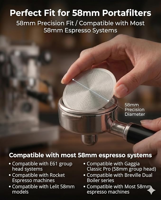2PCS 58mm Magnetic Puck Screen 0.2mm for 58mm Portafilter | Made of 304 stainless steel. Easy magnetic removal prevents burnt hands or losing screens in knock boxes