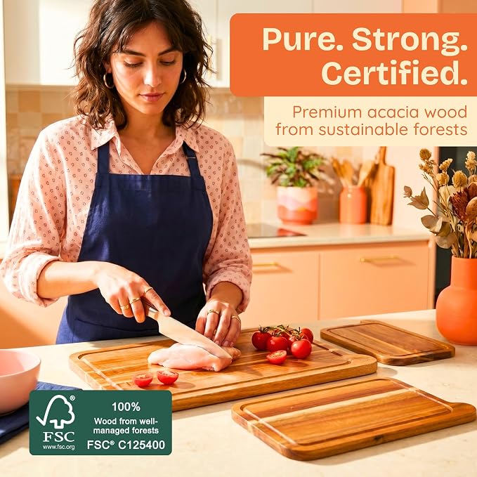 Non-Toxic Acacia Cutting Board Set of 3, Mineral Oil Free, Plastic Free | Petroleum free. No BPA. FSC-certified wood. 3 sizes: 17x11, 14x9 & 11x7 in. Beeswax, flaxseed & lemon oil finish.