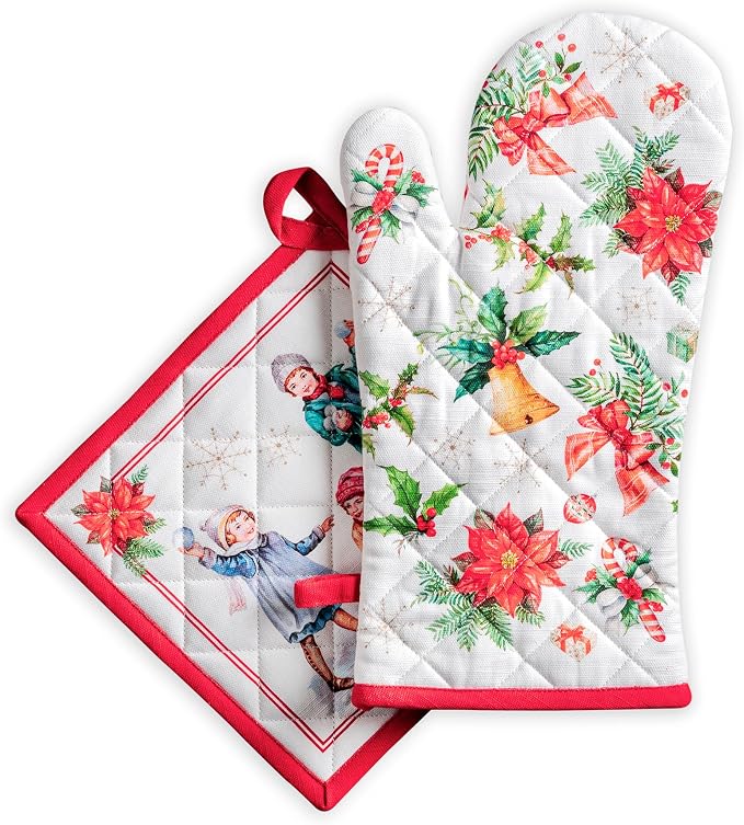 Maison d' Hermine 100% Cotton Oven Mitt & Pot Holder Set (7.5"x13" & 8"x8") | Heat Resistant BBQ Cooking Gloves with Loop Baking Grilling Kitchen Hotel Home Farmhouse Thanksgiving Christmas - Chromo