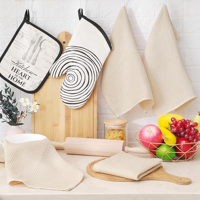 Homaxy 100% Cotton Waffle Weave Kitchen Dish Cloths, 7-Pack, Beige | 12 x 12 Inches, Ultra Soft Absorbent Dish Towels, Quick Drying Dish Rags with Hanging Loop