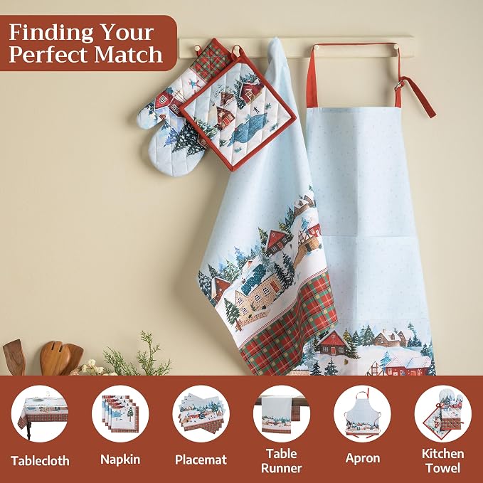 Maison d' Hermine 100% Cotton Oven Mitt & Pot Holder Set (7.5"x13" & 8"x8") | Heat Resistant BBQ Cooking Gloves with Loop Baking Grilling Kitchen Hotel Home Farmhouse Thanksgiving Christmas - Megeve