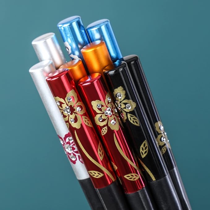 Fiberglass Chopsticks Series - Japanese Non-Slip Chopstick, Reusable Chop Sticks Dishwasher Safe, 5 Pairs, Gift Set, 9.9 Inches, Spring Flower