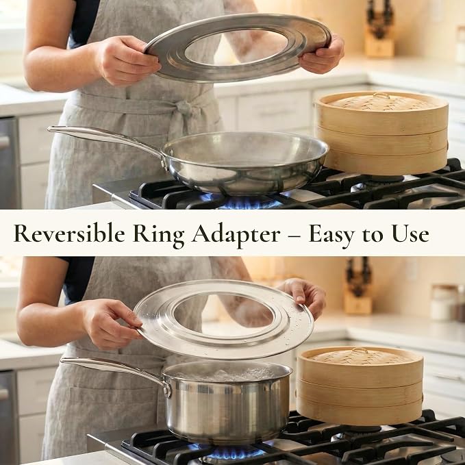 Stainless Steel Steamer Ring for Bamboo Steamer Basket 11-Inch | Fits 7 - 10 Inch Dumpling Steamer Baskets - Ring Adapter for Woks & Pots for Cooking Dim Sum, Rice, Bao Buns, Vegetables