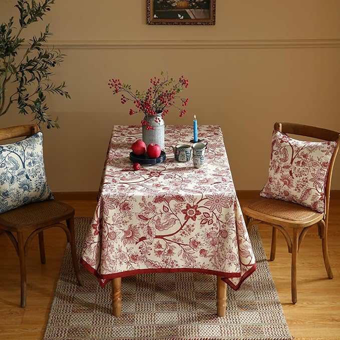 ISAENNE Designer French Linen Long Rectangle Tablecloth,Red Floral Washable Indoor Table Cloth,Durable Home Decor Tablecloths for Dining Thanksgiving Kitchen Party Christmas,63"*102"-Ruyi A