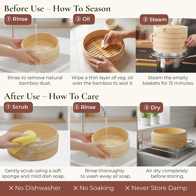 Bamboo Steamer Basket 12-Inch, 2-Tier Dumpling Steamer Cooking | ncl. Silicone Liners, Sauce Dish, Chopsticks - Small Steam Baskets - Food, Dim Sum, Bao Bun, Momo, Rice, Vegetables