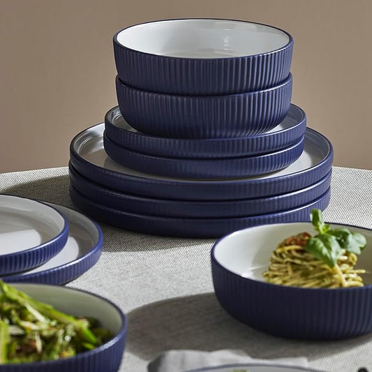 Christian Siriano Laro 24-Piece Stoneware Dinnerware Set, Plates and Bowls Set, Microwave and Dishwasher Safe, Dish Set for 8, Dark Blue