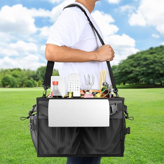 Grill Caddy, Foldable BBQ Caddy with Paper Towel Holder, Black | 11 Compartments, Easy-Clean Aluminum Interior, 1680D Oxford Fabric, Water-Resistant, Shoulder Strap Included, Tailgating