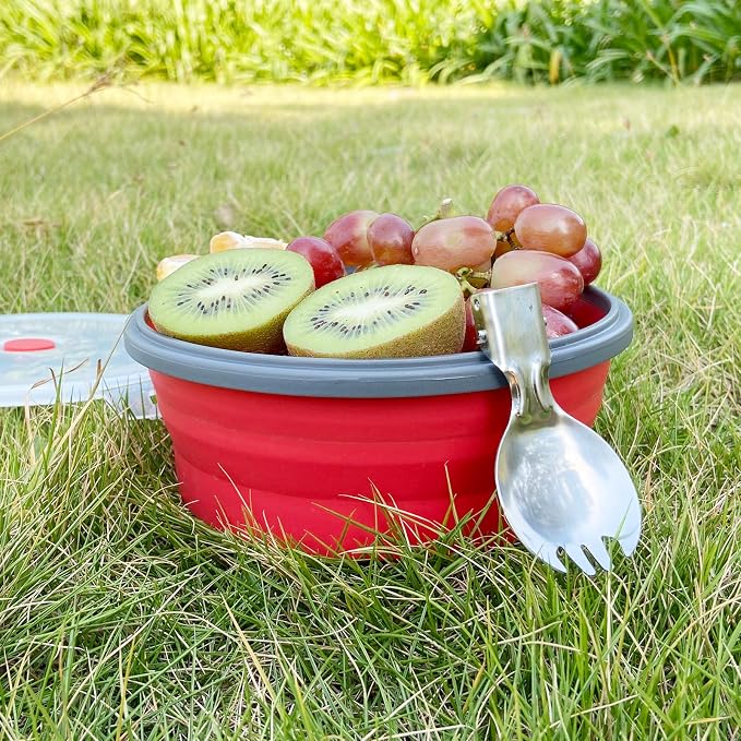 CCyanzi 1200ml Collapsible Camping Bowl Silicone Food Storage Container with Lid and Foldable Stainless Steel Fork Spoon, for Picnic, Travel, Camping, RV, Fridge and Microwave Bowls