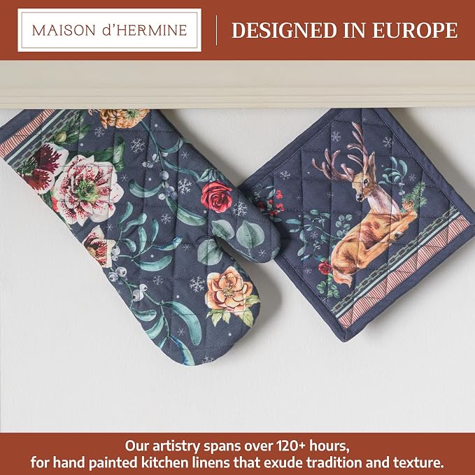 Maison d' Hermine 100% Cotton Oven Mitt & Pot Holder Set (7.5"x13" & 8"x8") | Heat Resistant BBQ Cooking Gloves with Loop Baking Grilling Kitchen Home Farmhouse Thanksgiving Christmas - Christmas Joy